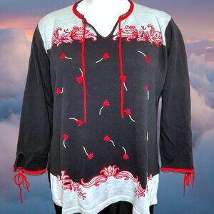 Storybook Knits 2X Women’s Pullover Sweater Black Red Tulips "Garden Exotic" EUC